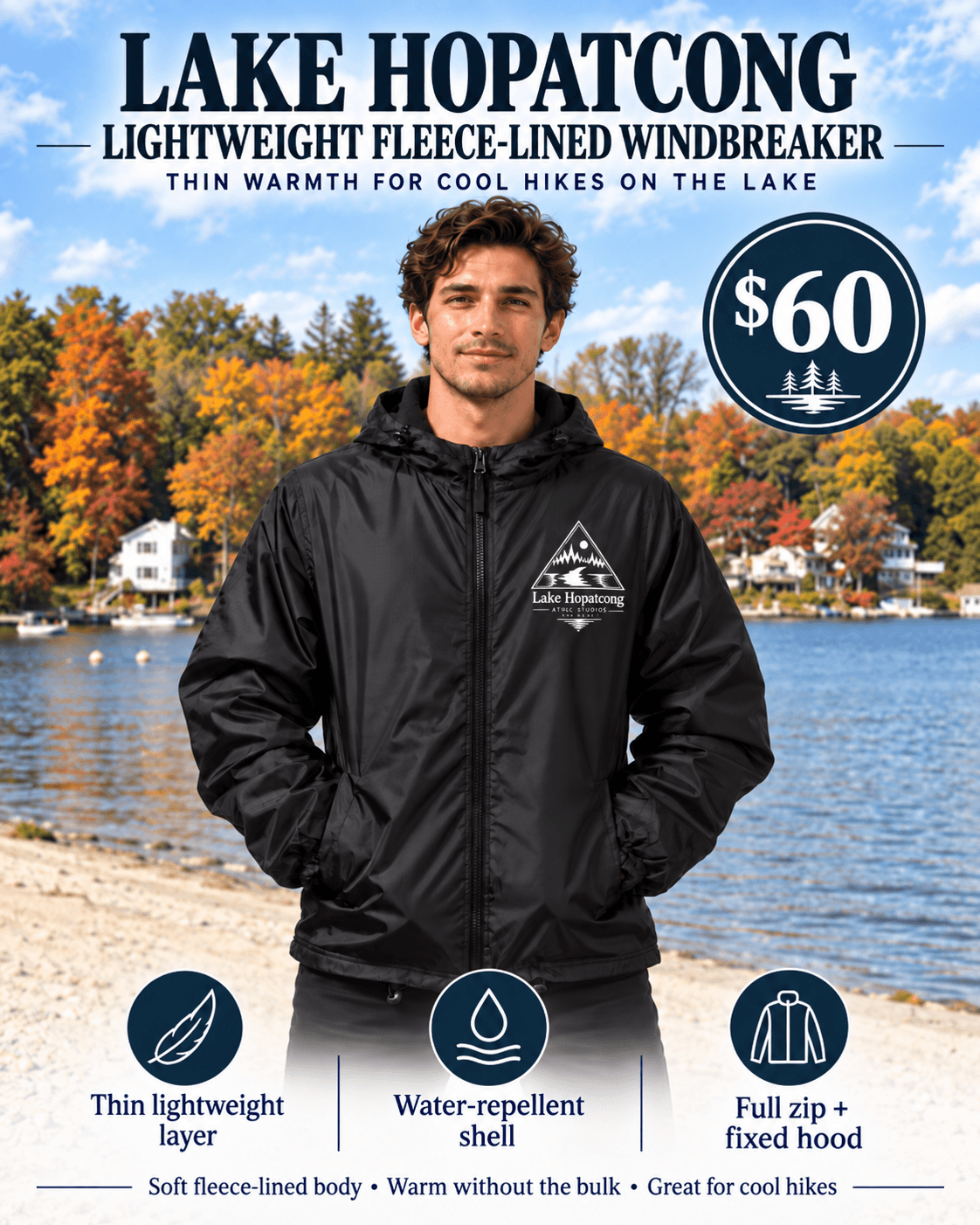 Lake Hopatcong fleece-lined windbreaker front view